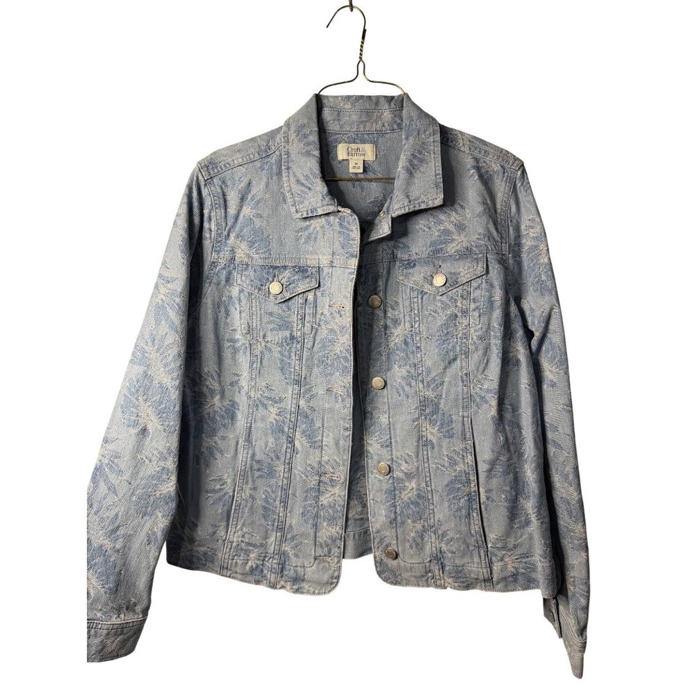 Croft & Barrow Denim Trucker Jacket Blue Leaf Embroidered Button Up M Womens